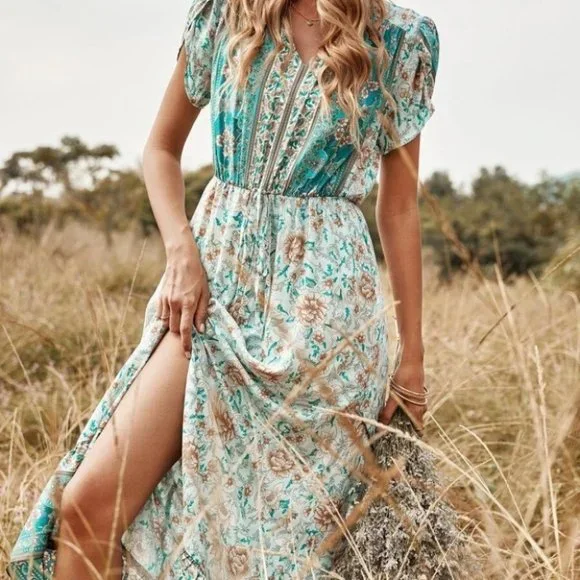 Boho Shabby Chic Floral Tie Front Split Thigh Dress - Picture 5 of 7